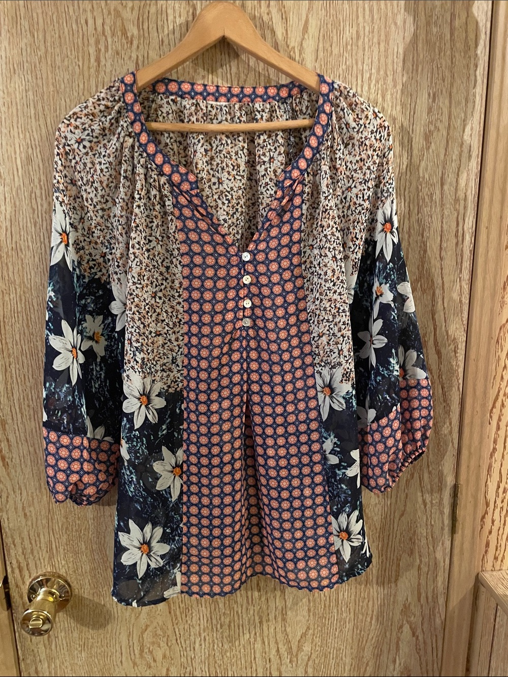 Mixed-Print Button Front Peasant Blouse in Navy & Cream